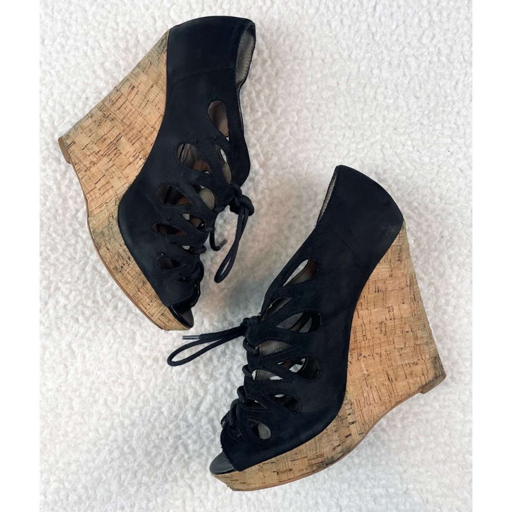 HINGE • Lea Black Suede Leather Lace-Up Cork Sandal Wedges, 8 - Picture 2 of 16